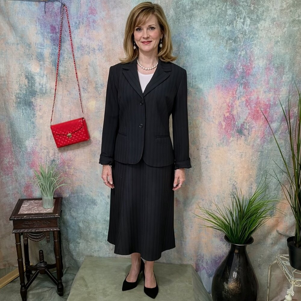 📌Chico  80s Vintage Business Pinstripe Skirt Set